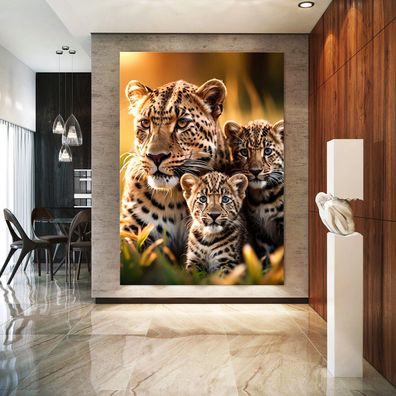 Wandbild Leopardenliebende Familie Tier Poster , Leinwand , Acrylglas Modern Kunst