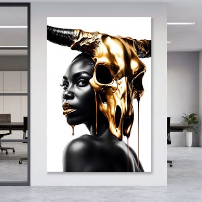 Wandbild Schwarze Frau mit goldenem Kuhschädel Poster , Leinwand , Acrylglas Kunst