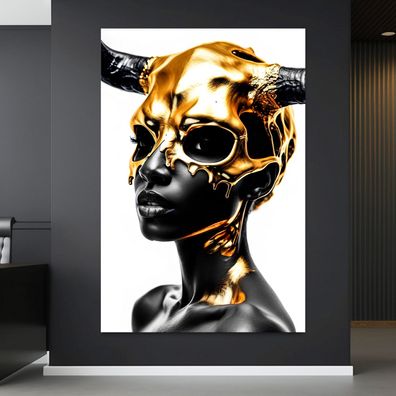 Modern Wandbild Schwarze Frau mit goldenem Kuhschädel Poster , Leinwand , Acrylglas