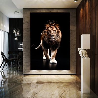 Wandbild König Löwen mit der goldenen Krone Tier Kunst Poster , Acrylglas , Leinwand