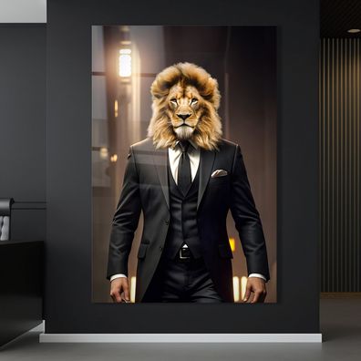 Wandbild Tier Löwe in Anzügen, Geschäftsmann Kunst Poster , Acrylglas , Leinwand