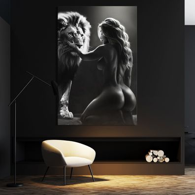 Wandbild Nackte Nude Frau und Löwe, erotisch Kunst Acrylglas , Poster , Leinwand