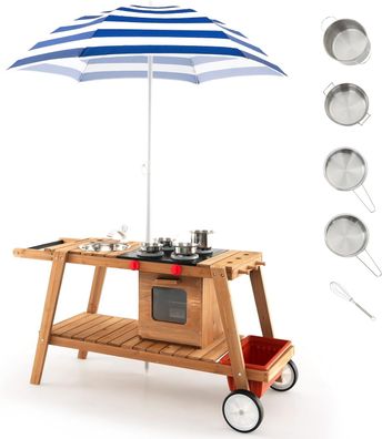 Matschküche Kinder Outdoor, Kinderküche Holz mit Sonnenschirm & Rollen, Outdoorküche
