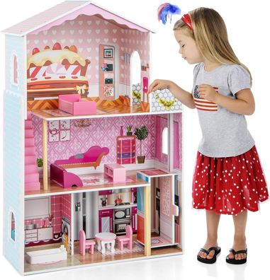 Puppenhaus Holz, Puppenstube mit Zubehör & Möbeln, 3 stöckiges Dollhouse Spielzeug