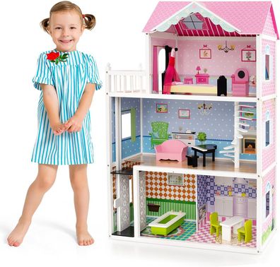 Puppenhaus Holz, Puppenstube mit Möbeln & Zubehör, 3 stöckiges Dollhouse Spielzeug