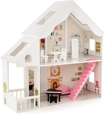 Puppenhaus Holz, 2 stöckige Puppenstube mit Zubehör & Möbeln, Dollhouse Spielzeug