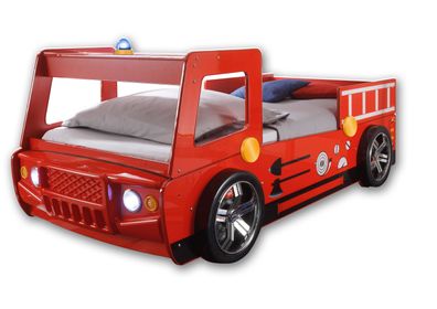 Autobett Kinderbett Feuerwehrbett "Fire" 90x200 Hochglanz mit LED Leuchte Rot