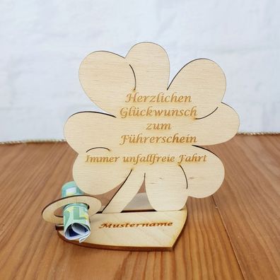 Geschenk zum Führerschein Wunschtext Holz 11 cm Kleeblatt Fahrprüfung