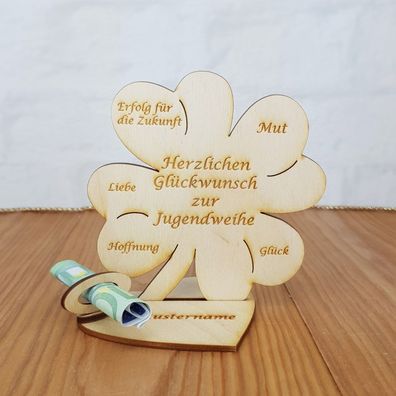 Geschenkidee zur Jugendweihe, Wunschtext Kleeblatt 11cm Geldgeschenk aus Holz