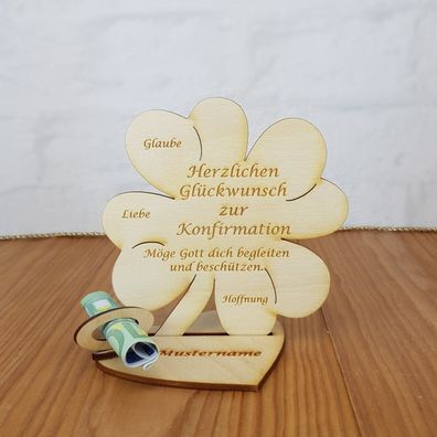 Zur Konfirmation, Geldgeschenk Wunschtext Holz 11 cm Kleeblatt Kirchlich