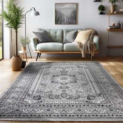 Design Orient Teppich Bordüre Traditionelles Muster Farbe Grau Wohnzimmerteppich