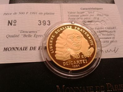 500 Francs 1991 PP Frankreich Descartes 17g Gold 920er Rene Descartes Gold
