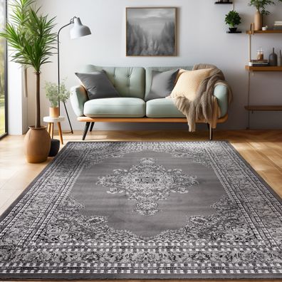 Klassik Wohnzimmerteppich Orient Teppich Edle Bordüre Ornament Schwarz Grau