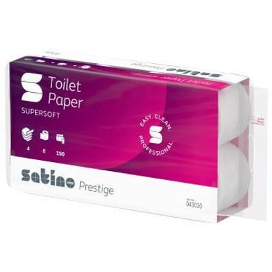 Toilettenpapier Satino Prestige, 4lg, 9,5x13cm, 150 Blatt, hochweiß, Zellstoff, 9x8 R