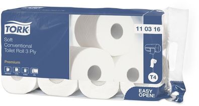 Tork Premium Toilettenpapier Kleinrolle, 3lg, hochw. 250 Bl., 9,4x11,8cm, 9x8 Ro/ Pk.