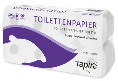 TAPIRA top Toilettenpapier, 3lg, 9,5x11cm, 250 Bl., hochweiß, Recycling, 8x8 Ro/ VE