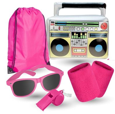 5 in 1 - Retro Set pink mit Schweißbänder & Ghettoblaster uvm. - 80er Accessoire