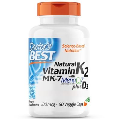 Doctor's Best, Natural Vitamin K2 MK-7 with MenaQ7 Plus D3 180mcg, 60 Veg. Kapseln