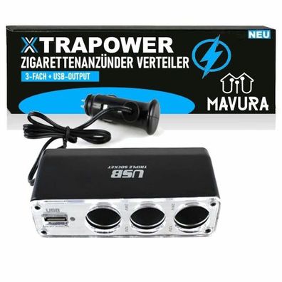 Xtrapower Zigarettenanzünder Verteiler Auto 12V/24V KFZ Adapter 3-Fach mit USB Steckd