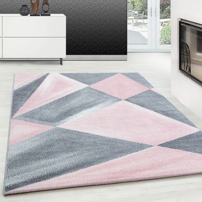 Modern Designer Teppich Geometrische Muster Kurzflor Grau Pink Weiß Meliert