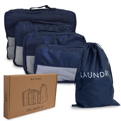 NATUMO Koffer Organizer Set 5-teilig, 4 Kleidertaschen + 1 Wäschesack - Blau