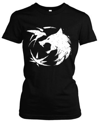 Witcher Damen Girlie T-Shirt | Gamer Geralt the Hexer Wolf Logo | M1