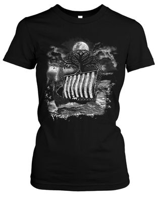 Drachenschiff Damen Girlie T-Shirt | Wikinger Viking Odin Thors Hammer Norwegen