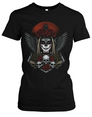 La Catrina Santa Muerte Damen Girlie T-Shirt | Mexiko Skull Rock Totenkopf | M1