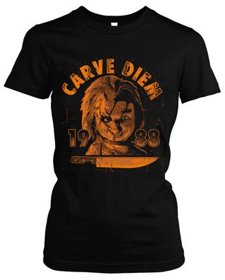 Carve Diem Chucky Damen Girlie T-Shirt | Horror Halloween Nightmare Mörderpuppe