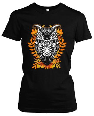 Night Owl Damen Girlie T-Shirt | Eule Wald Herbst Blätter Vogel Tiere Natur