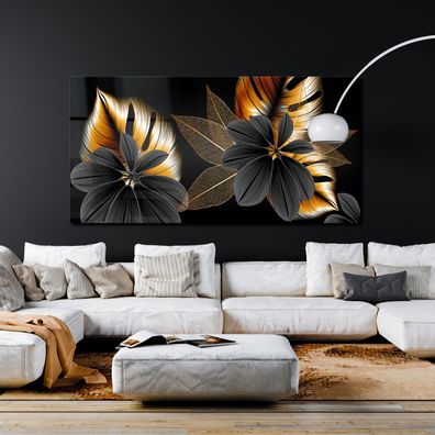 Wandbild Moderne Luxus Golden Blumen und Blättern Leinwand , Acrylglas , Poster