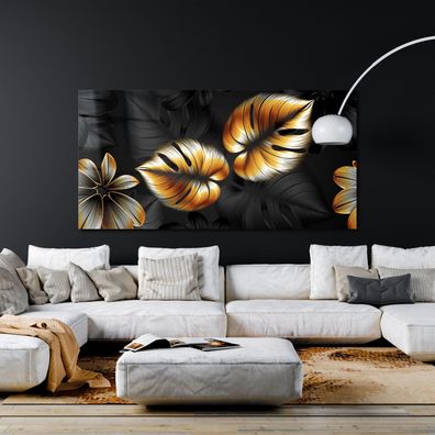 Wandbild Luxus Moderne Golden Blumen und Blättern Poster , Leinwand , Acrylglas