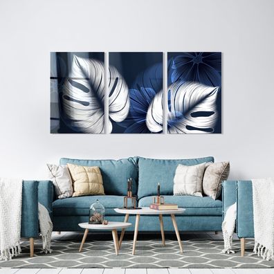 Set Moderne Luxus Wandbilder Blau Blumen und Blättern Poster , Acrylglas , Leinwand