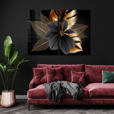 Wandbilder Moderne Set Luxus Golden Blättern und Blumen Acrylglas , Poster , Leinwand