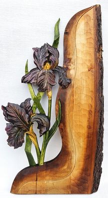 Holzbild * IRIS* Schwertlilien Dunkel Lila Blumen Wandrelief Schnitzerei Handarbe