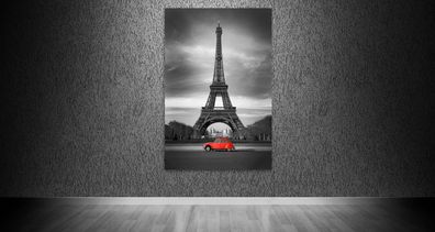Wandbild Paris Der Eiffelturm und ein rotes Auto Kunst Leinwand , Acrylglas , Poster