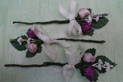 1 sehr alter künstlicher Blumenstrauß Rosen mit Schleife flieder rosa an Biegedraht