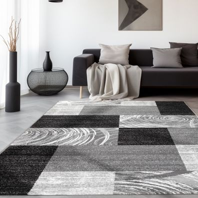 Teppich Modern Design Wohnzimmer Kurzflor Kariert Karo Muster Schwarz Grau Weiß
