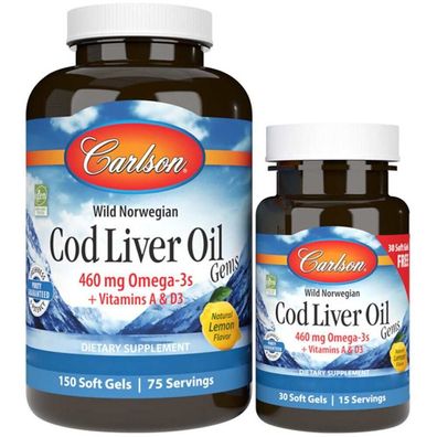 Carlson Labs, Cod Liver Oil, Zitronengeschmack, 460mg, 150 + 30 Weichkapseln