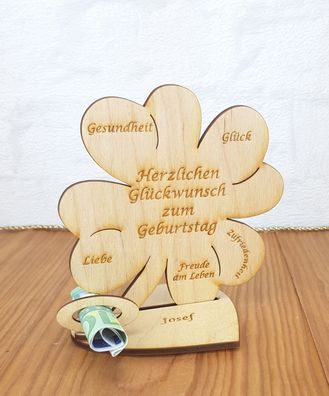 Geldgeschenk zum Geburtstag mit Wunschtext Holz 11cm Kleeblatt