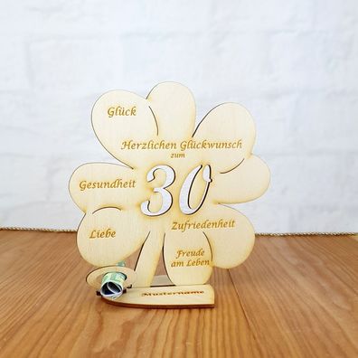 Geldgeschenk zum 30. Geburtstag mit Wunschtext Holz 16cm Kleeblatt