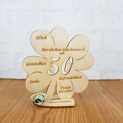 Geldgeschenk zum 50. Geburtstag mit Wunschtext Holz 16cm Kleeblatt