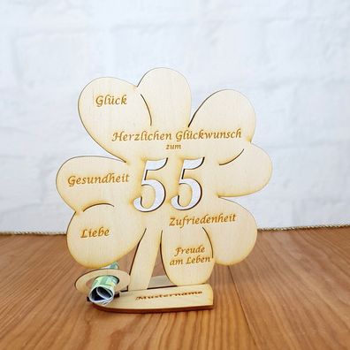 Geldgeschenk zum 55. Geburtstag mit Wunschtext Holz 16cm Kleeblatt