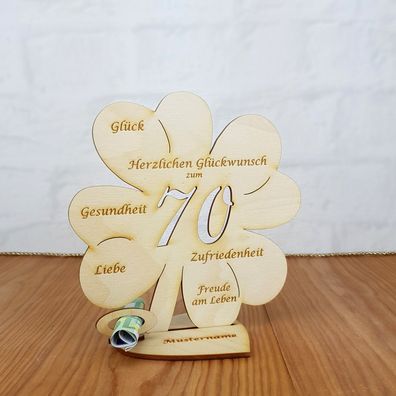 Geldgeschenk zum 70. Geburtstag mit Wunschtext Holz 16cm Kleeblatt