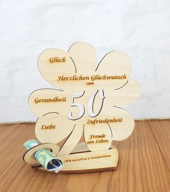 Geldgeschenk zum 50. Geburtstag mit Wunschtext Holz 11cm Kleeblatt