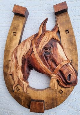 Holzbild Pferdekopf im Hufeisen Wandrelief Schnitzerei Handarbeit Holz