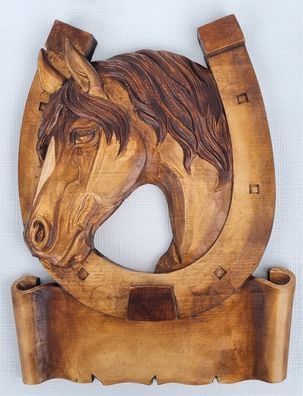 Holzbild Pferdekopf im Hufeisen Wandrelief Schnitzerei Handarbeit Massivholz W1
