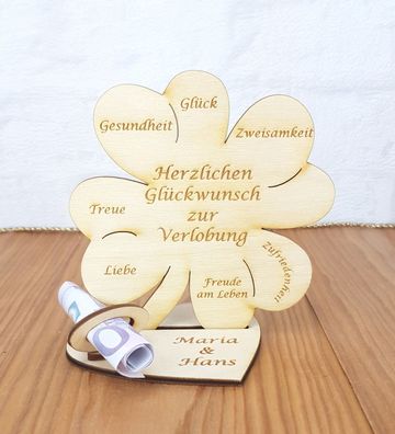 Geldgeschenk zur Verlobung mit Wunschtext Holz 11cm Kleeblatt