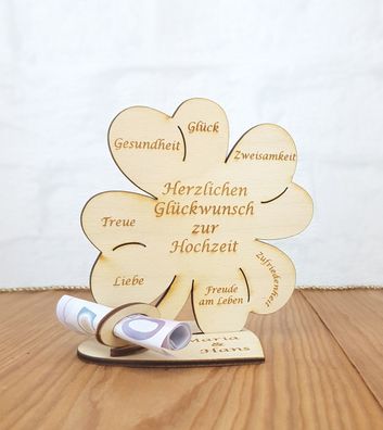 Geldgeschenk zur Hochzeit mit Wunschtext Holz 11cm Kleeblatt