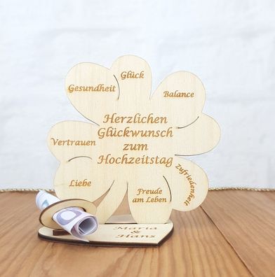 Geldgeschenk zum Hochzeitstag mit Wunschtext Holz 11cm Kleeblatt